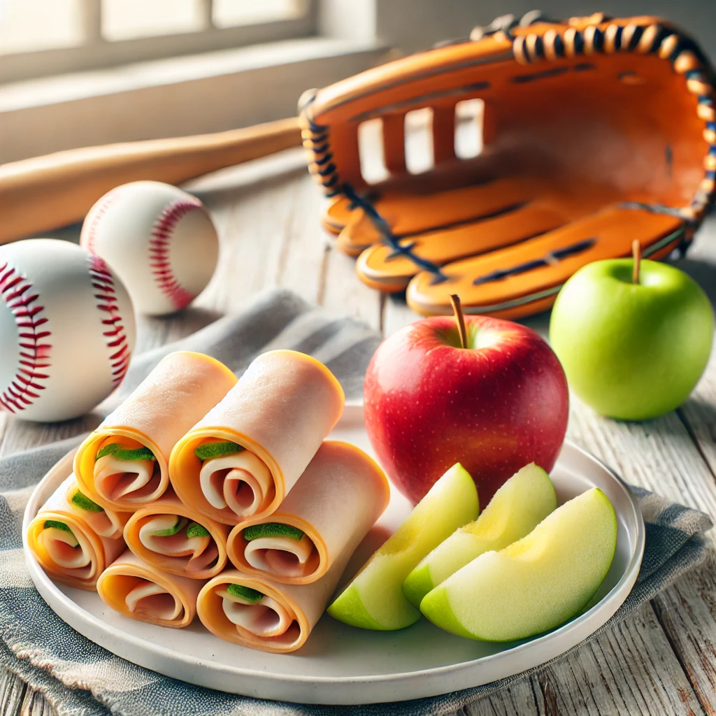 Read more about the article ⚾ Fueling the Day: Turkey & Cheese Roll-Ups with Apple Slices – A Perfect Doubleheader Meal